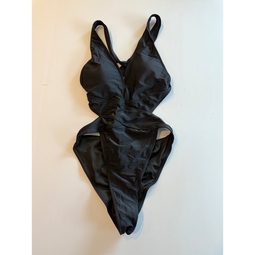 Black Cutout Monokini One Piece Swimsuit Padded High Cut Strappy Medium